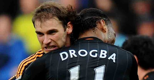 Branislav Ivanovic and Didier Drogba celebrate Ivanovic's goal