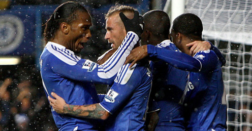 Chelsea players celebrate Mireles' goal