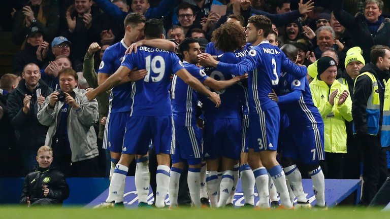 Chelsea celebrate Moses goal