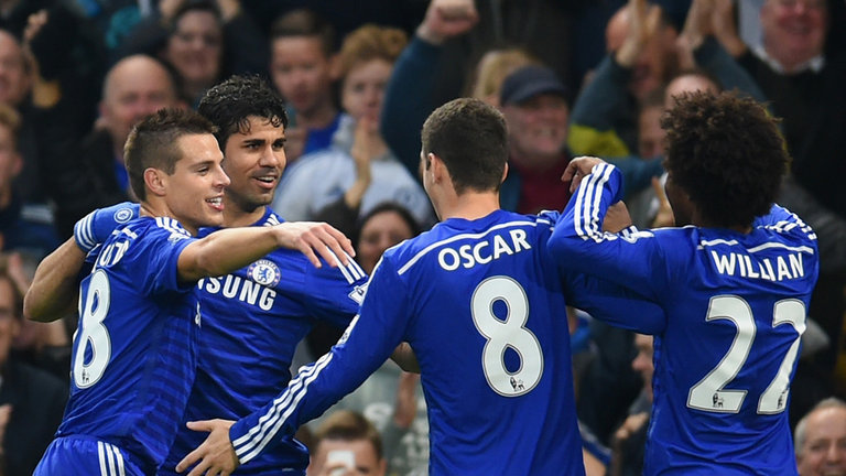 Chelsea celebrate Diego Costa's goal