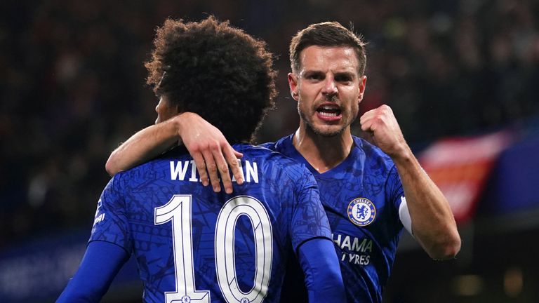 Willian and Cesar Azpilicueta celebrate Chelsea's first goal